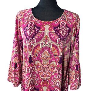 Chico's Shirt Women Size 2 L NWT Pink Purple Bell Sleeve 3/4 Sleeve Paisly